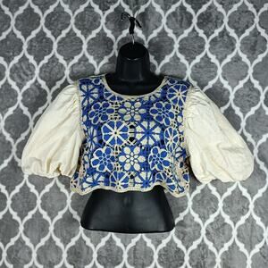 Stitch And Feather Crochet Crop Blouse Small Medium Boho Cottage Balloon Sleeve